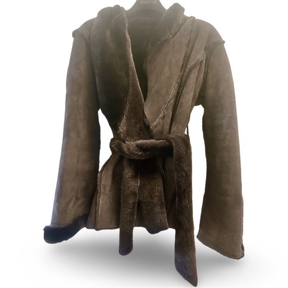 CLAUDE MONTANA Brown Shearling Fur Trimmed Coat - Picture 2 of 5